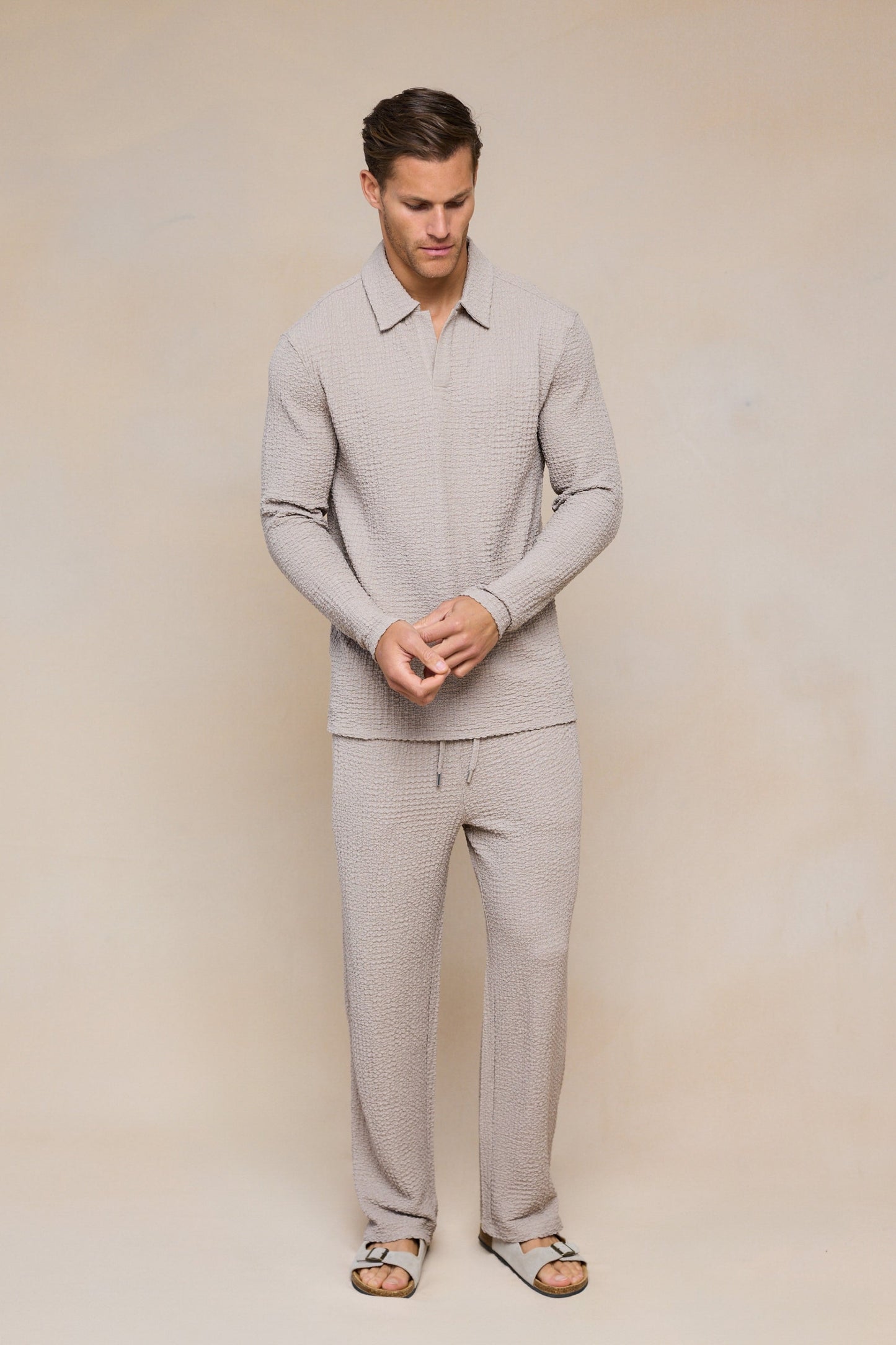 Artie Ruched Textured Long Sleeve Polo Shirt - Mushroom