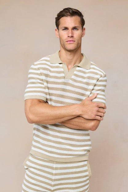 Lattolo Striped Knit Polo Shirt - Ecru/Beige