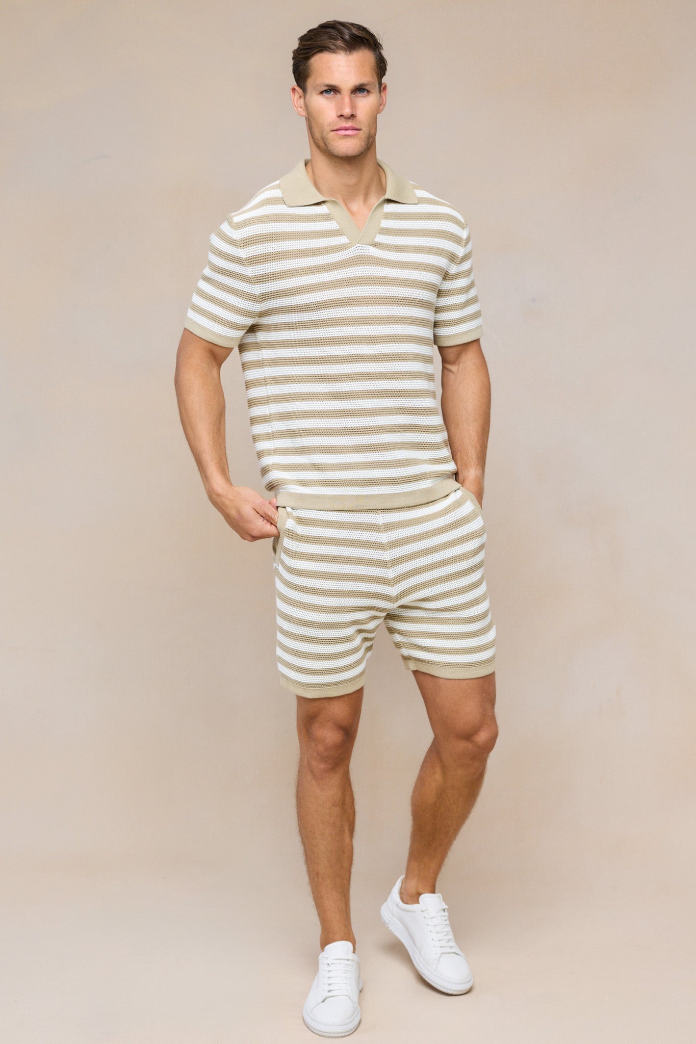 Lattolo Striped Knit Polo Shirt - Ecru/Beige